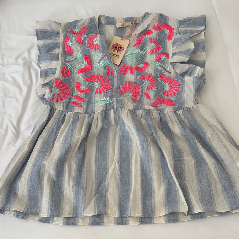 Entro Blue and Cream Striped Blouse with Pink Floral Embroidery
